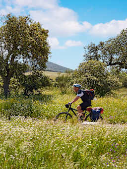 Rutas fáciles en bici por Extremadura: un ciclista recorriendo la Vía de la Plata.