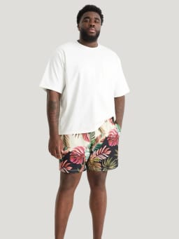 A man wearing plus sized swim shorts.