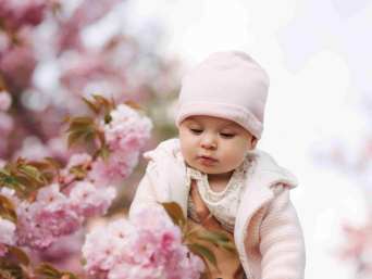 Baby zwischen rosa Zweigen spielt mit Blättern
