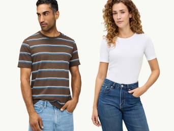 Ausschnitt-Arten: Frau und Mann in T-Shirts mit einem Rundhalsausschnitt. Ausschnitt-Arten: Frau und Mann in T-Shirts mit einem Rundhalsausschnitt.