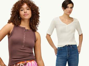 Ausschnitt-Arten: Frauen mit Oberteilen mit Henley-Ausschnitt. Ausschnitt-Arten: Frauen mit Oberteilen mit Henley-Ausschnitt.