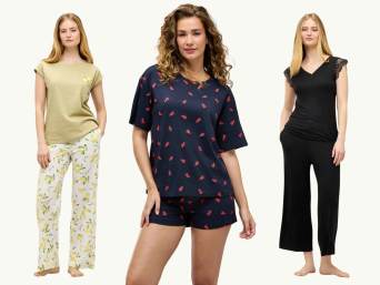 Pyjama-Party-Outfit: Frauen in modischen Schlafanzügen. Pyjama-Party-Outfit: Frauen in modischen Schlafanzügen.