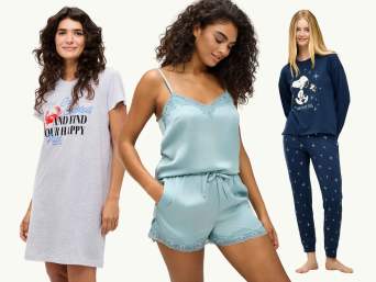 Outfits für Pyjama-Partys: Frauen in Nachthemd und Pyjamas. Outfits für Pyjama-Partys: Frauen in Nachthemd und Pyjamas.