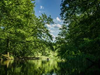 Mecklenburger Seenplatte Wasserwandern – Kajakfahrer paddelt durch eine naturbelassene Flusslandschaft.