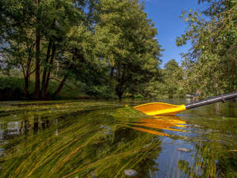 Konwaliowy Szlak Kajakowy: widok na rzekę i wiosło.