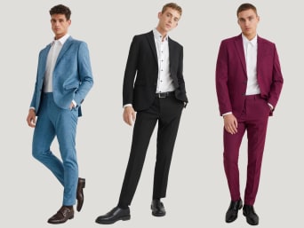 Modne kolory garniturów – mężczyźni w różnokolorowych garniturach.