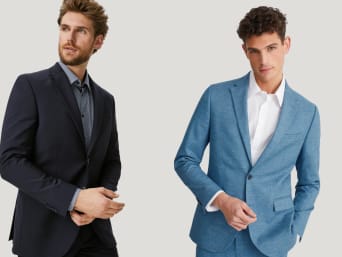 Size guide for suits: men wearing suits with a good fit.
