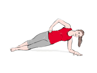 rugoefeningen: tekening van een vrouw die een zijwaartse plank uitvoert.