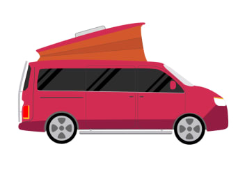 Bus kempingowy – schemat czerwonego minibusa z namiotem dachowym.
