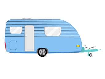 Der Wohnwagen – schematische Zeichnung eines blauen Wohnwagens.