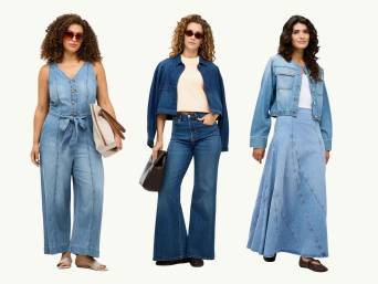 Double Denim für Frauen: Frauen in Jeans und Jeansjacke, Jumpsuit aus Jeansstoff und Jeansrock. Double Denim für Frauen: Frauen in Jeans und Jeansjacke, Jumpsuit aus Jeansstoff und Jeansrock.