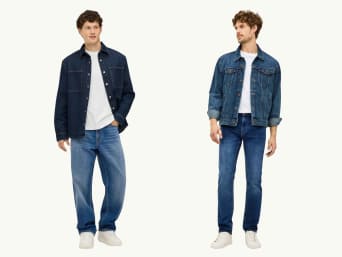 Double Denim für Männer: Männer in Jeans, T-Shirt und Jeansjacke. Double Denim für Männer: Männer in Jeans, T-Shirt und Jeansjacke.