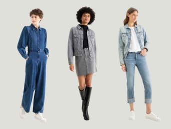 Double Denim für Frauen: Frauen in Jeans und Jeansjacke, Jumpsuit aus Jeansstoff und Jeansjupe.