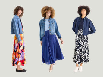 Helle Jeansjacke kombinieren: Frauen in unterschiedlichen Outfits mit Jeansjacke. 