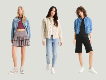 Helle Jeansjacke kombinieren: Frauen in unterschiedlichen Outfits mit Jeansjacke.