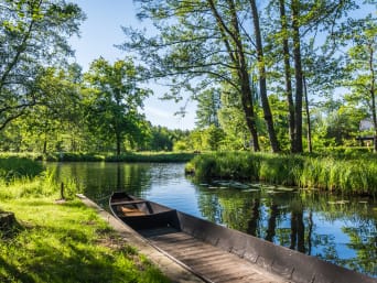 Spreewald Radweg – Wasserkanal im Spreewald mit einem Holzboot.