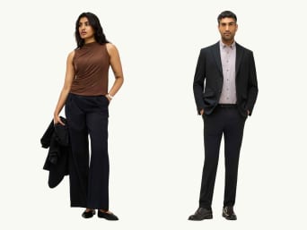 Co si vzít na firemní večírek: Muž a žena v kancelářských outfitech. Co si vzít na firemní večírek: Muž a žena v kancelářských outfitech.