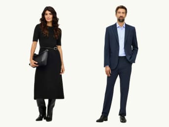 Winterliche und elegante Firmen-Weihnachtsfeier-Outfits für Damen und Herren.