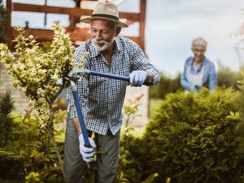 Een tuinman draagt werkhandschoenen terwijl hij met een harkje werkt.