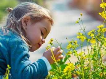Giardino bambini: bimba piccola osserva attentamente un fiore.