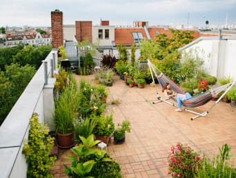 Urban Gardening – zwei Frauen liegen in der Hängematte auf der Dachterrasse.