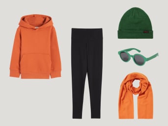 Easy to make Halloween costume for kids: items of clothing needed to make a pumpkin costume.