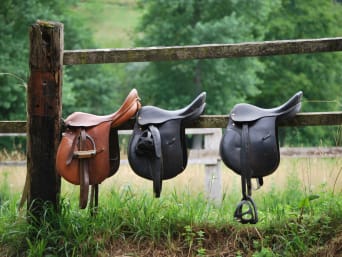 Paardrijden voor kinderen: Drie paardenzadels hangen over een hek.