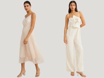 Schlichte, aber elegante Brautkleid-Alternativen: Standesamtkleid und Jumpsuit für die Hochzeit.