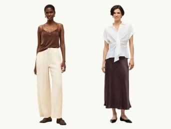 Gouden bruiloft outfit: feestelijke combinatie van blouses en stoffen broeken. Gouden bruiloft outfit: feestelijke combinatie van blouses en stoffen broeken.