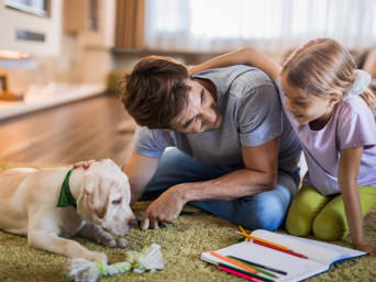 Bouw een band op met je hond: nieuwe hondeneigenaars benaderen hun puppy voorzichtig. 