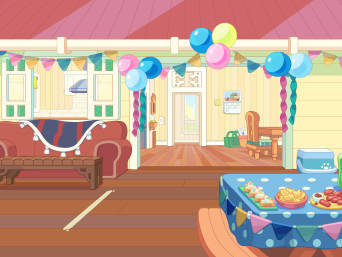 Bluey's verjaardag: feestelijk versierd huis met ballonnen, slingers en een feestbuffet