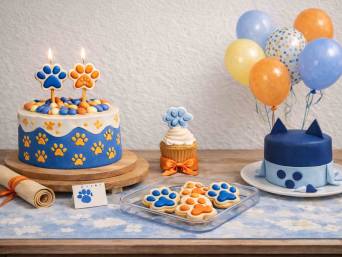 Bluey-Geburtstag: Tisch mit blauer Torte, Keksen in Pfotenform und Ballons.