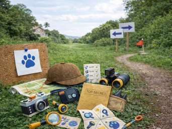 Bluey-Schnitzeljagd: Lupe, Fotoapparat, Hinweise, Fernglas, Pfotenabdrücke.