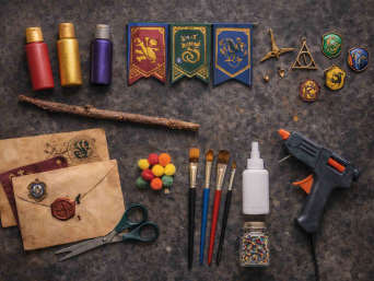 Harry Potter Zauberstab basteln – Bastelmaterialien im Harry Potter Design und ein Stock zum Bekleben.