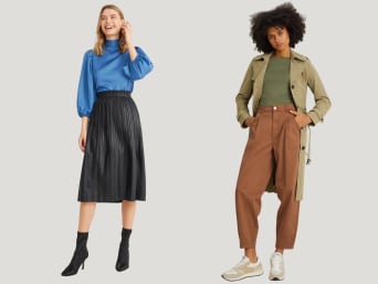 Jak łączyć kolory ubrań? Kobiety ubrane w stylizacje minimalistyczne w różnych paletach barw.