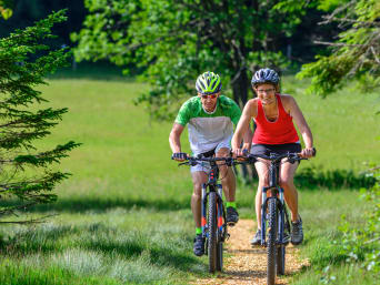 MTB-route in Overijssel: mountainbikers maken tocht door een zomers landschap.