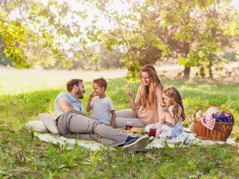 Familie-uitstapje voor Moederdag: familie gaat picknicken in het park. Familie-uitstapje voor Moederdag: familie gaat picknicken in het park.