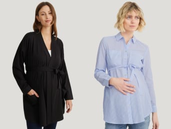 Postpartum outfit: loose-fitting blouses and kimonos are flattering and will conceal your stomach.