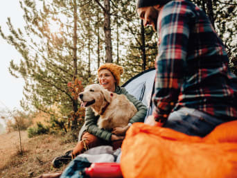 Mikroabenteuer unter freiem Himmel: Pärchen zeltet im Wald.