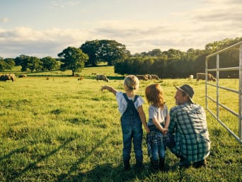 Nachhaltiger Urlaub mit Kindern: Vater beobachtet mit seinen Kindern die Kühe auf einem Bauernhof.