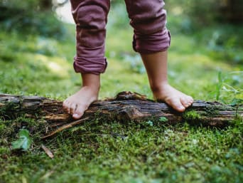 Sens du toucher : un enfant debout pieds nus sur un tronc d’arbre.