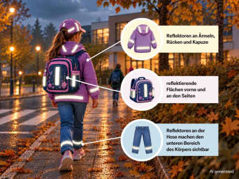 Sicherheit auf dem Schulweg: Kind läuft im Dunkeln in die Schule.