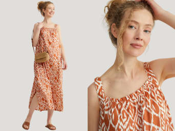 Fashion for pregnancy: a pregnant woman wearing a printed dress.