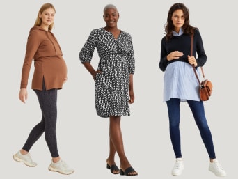 Moderne kleding voor zwangere vrouwen: drie zwangere vrouwen in verschillende trendy outfits.