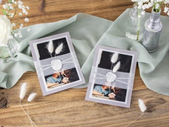  Silver wedding invitations: Invitation card with a wedding photo of the happy couple.
