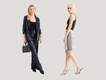Oud en nieuw outfit voor dames: oudejaarsavond-jumpsuit met glinsterende pailletten. 