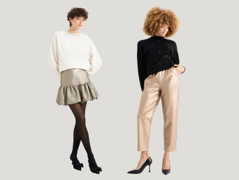 Oud en nieuw outfit voor dames: trui en rok als spannende nieuwjaarsoutfit. 