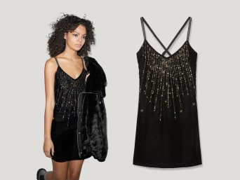 Women’s New Year's Eve outfits: sparkly dresses or velvet dresses are perfect for a New Year's Eve party.