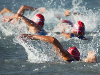 Triathlon principianti: alcuni partecipanti nuotano in acqua durante la prima fase di una gara triathlon. Triathlon principianti: alcuni partecipanti nuotano in acqua durante la prima fase di una gara triathlon.