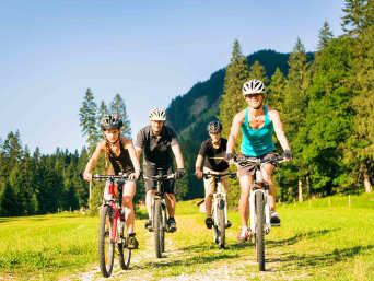 Herzroute mit Kindern: Familie mit zwei Kindern auf Rändern in der Natur.